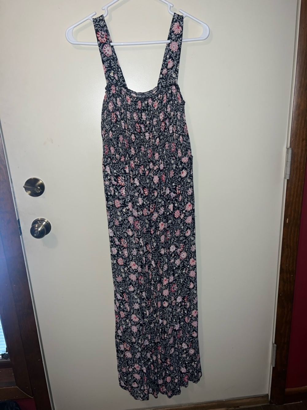 LOFT Black Floral Maxi Jumpsuit with Pink Accents
